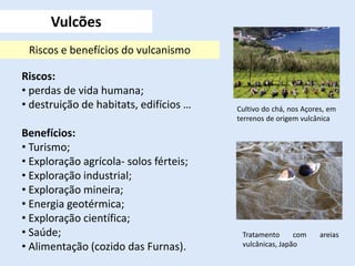 Riscos:
• perdas de vida humana;
• destruição de habitats, edifícios …
Benefícios:
• Turismo;
• Exploração agrícola- solos férteis;
• Exploração industrial;
• Exploração mineira;
• Energia geotérmica;
• Exploração científica;
• Saúde;
• Alimentação (cozido das Furnas).
Vulcões
Riscos e benefícios do vulcanismo
Cultivo do chá, nos Açores, em
terrenos de origem vulcânica
Tratamento com areias
vulcânicas, Japão
 