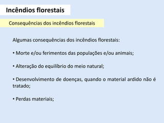 Incêndios florestais
Consequências dos incêndios florestais
Algumas consequências dos incêndios florestais:
• Morte e/ou ferimentos das populações e/ou animais;
• Alteração do equilíbrio do meio natural;
• Desenvolvimento de doenças, quando o material ardido não é
tratado;
• Perdas materiais;
 