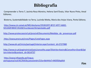 Fim
Bibliografia
Compreender a Terra 7, Jacinta Rosa Moreira, Helena Sant’Ovaia, Vitor Nuno Pinto, Areal
Editores;
Bioterra, Sustentabilidade na Terra, Lucinda Motta, Maria dos Anjos Viana, Porto Editora;
http://www.cm-seixal.pt/NR/rdonlyres/291B1DFF-BF37-4FF7-A602-
5013A0F4B3E7/6328/InundacoesTempestades.pdf
http://www.proteccaocivil.pt/prociv4/Documents/Medidas_de_prevencao.pdf
http://www.prociv.pt/cnos/Pages/ListaFogos.aspx
http://www.dn.pt/inicio/portugal/interior.aspx?content_id=2727980
http://www.jn.pt/paginainicial/pais/concelho.aspx?Distrito=Aveiro&Concelho=Ovar&Opt
ion=Interior&content_id=3614737
http://www.infopedia.pt/lingua-
portuguesa/vulc%C3%A3o;jsessionid=Z15o+8eHHixT+MGfGKqdAA
 