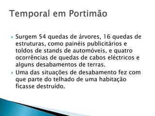    Surgem 54 quedas de árvores, 16 quedas de
    estruturas, como painéis publicitários e
    toldos de stands de automóveis, e quatro
    ocorrências de quedas de cabos eléctricos e
    alguns desabamentos de terras.
   Uma das situações de desabamento fez com
    que parte do telhado de uma habitação
    ficasse destruído.
 