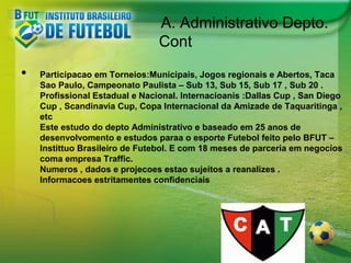 A. Administrativo Depto.
Cont
•

Participacao em Torneios:Municipais, Jogos regionais e Abertos, Taca
Sao Paulo, Campeonato Paulista – Sub 13, Sub 15, Sub 17 , Sub 20 .
Profissional Estadual e Nacional. Internacioanis :Dallas Cup , San Diego
Cup , Scandinavia Cup, Copa Internacional da Amizade de Taquaritinga ,
etc
Este estudo do depto Administrativo e baseado em 25 anos de
desenvolvomento e estudos paraa o esporte Futebol feito pelo BFUT –
Instittuo Brasileiro de Futebol. E com 18 meses de parceria em negocios
coma empresa Traffic.
Numeros , dados e projecoes estao sujeitos a reanalizes .
Informacoes estritamentes confidenciais

 