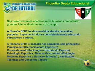 Filosofia- Depto Educacional

Nós desenvolvemos atletas e seres humanos preparando
grandes líderes dentro e for a do campo.
A filosofia BFUT foi desenvolvida através de análise,
pesquisa, implementando-a e consistentemente educando
educadores e atletas.
A filosofia BFUT é baseada nos seguintes seis princípios:
Planejamento(Gerenciamento Esportivo),
Comportamento(Sociologia e Historia do Esporte),
Psicologia Esportiva, Sistema Psico-motor (Fisiologia,
Medicina Esportiva e Nutricao Espotiva) , Habilidades
Técnicas and Conceitos Táticos

 