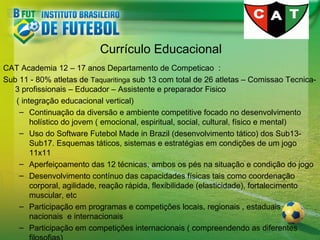Currículo Educacional
CAT Academia 12 – 17 anos Departamento de Competicao :
Sub 11 - 80% atletas de Taquaritinga sub 13 com total de 26 atletas – Comissao Tecnica3 profissionais – Educador – Assistente e preparador Fisico
( integração educacional vertical)
– Continuação da diversão e ambiente competitive focado no desenvolvimento
holístico do jovem ( emocional, espiritual, social, cultural, físico e mental)
– Uso do Software Futebol Made in Brazil (desenvolvimento tático) dos Sub13Sub17. Esquemas táticos, sistemas e estratégias em condições de um jogo
11x11
– Aperfeiçoamento das 12 técnicas, ambos os pés na situação e condição do jogo
– Desenvolvimento contínuo das capacidades físicas tais como coordenação
corporal, agilidade, reação rápida, flexibilidade (elasticidade), fortalecimento
muscular, etc
– Participação em programas e competições locais, regionais , estaduais
nacionais e internacionais
– Participação em competições internacionais ( compreendendo as diferentes

 