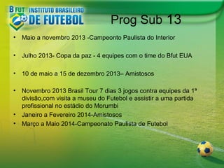 Prog Sub 13
•

Maio a novembro 2013 -Campeonto Paulista do Interior

•

Julho 2013- Copa da paz - 4 equipes com o time do Bfut EUA

•

10 de maio a 15 de dezembro 2013– Amistosos

•

Novembro 2013 Brasil Tour 7 dias 3 jogos contra equipes da 1ª
divisão,com visita a museu do Futebol e assistir a uma partida
profissional no estádio do Morumbi
• Janeiro a Fevereiro 2014-Amistosos
• Março a Maio 2014-Campeonato Paulista de Futebol

 