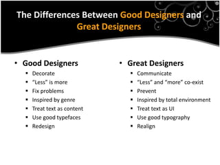 The Differences Between Good Designers and
              Great Designers


• Good Designers              • Great Designers
     Decorate                     Communicate
     “Less” is more               “Less” and “more” co-exist
     Fix problems                 Prevent
     Inspired by genre            Inspired by total environment
     Treat text as content        Treat text as UI
     Use good typefaces           Use good typography
     Redesign                     Realign
 