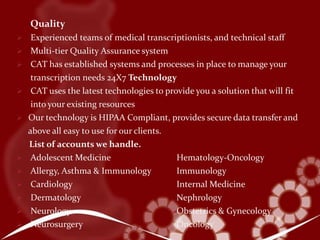 Enterprise Architecture:  To deliver the expected returns to a business, IT initiatives  need to be in synergy with organizations strategic objectives. CAT Technology, Inc's consulting services help clients assess different technology strategies so that organ-izations are able to align their technology initiatives with their business strategy. These services support an organizations IT initiative by providing strategic, architec-tural, operational and implementation planning.  