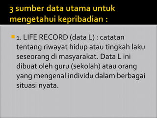  1. LIFE RECORD (data L) : catatan
 tentang riwayat hidup atau tingkah laku
 seseorang di masyarakat. Data L ini
 dibuat oleh guru (sekolah) atau orang
 yang mengenal individu dalam berbagai
 situasi nyata.
 