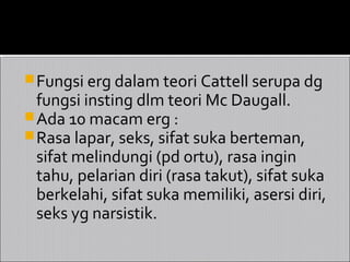  Fungsi erg dalam teori Cattell serupa dg
  fungsi insting dlm teori Mc Daugall.
 Ada 10 macam erg :
 Rasa lapar, seks, sifat suka berteman,
  sifat melindungi (pd ortu), rasa ingin
  tahu, pelarian diri (rasa takut), sifat suka
  berkelahi, sifat suka memiliki, asersi diri,
  seks yg narsistik.
 