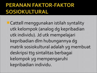  Cattell menggunakan istilah syntality
 utk kelompok (analog dg kepribadian
 utk individu). Jd utk mempelajari
 kepribadian dlm hubungannya dg
 matrik sosiokultural adalah yg membuat
 deskripsi ttg sintalitas berbagai
 kelompok yg mempengaruhi
 kepribadian individu.
 