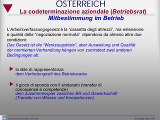 ÖSTERREICH
            La codeterminazione aziendale (Betriebsrat)
                     Mitbestimmung im Betrieb
L’Arbeitsverfassungsgesetz è la “cassetta degli attrezzi”, ma estensione
e qualità della “negoziazione normata” dipendono da almeno altre due
condizioni:
Das Gesetz ist die “Werkzeugskiste”, aber Ausweitung und Qualität
der normierten Verhandlung hängen von zumindest zwei anderen
Bedingungen ab:


„ lo stile di rappresentanza
       dem Vertretungsstil des Betriebsrates

„ il gioco di sponda con il sindacato (transfer di
       conoscenze e competenze)
       dem Zusammenspiel zwischen BR und Gewerkschaft
       (Transfer von Wissen und Kompetenzen)



Università del Piemonte Orientale                                  Workshop Udine 2010
 