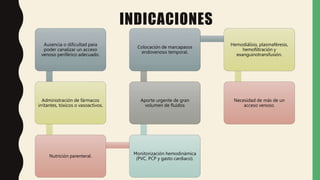 INDICACIONES
Ausencia o dificultad para
poder canalizar un acceso
venoso periférico adecuado.
Administración de fármacos
irritantes, tóxicos o vasoactivos.
Nutrición parenteral.
Monitorización hemodinámica
(PVC, PCP y gasto cardiaco).
Aporte urgente de gran
volumen de fluidos
Colocación de marcapasos
endovenoso temporal.
Hemodiálisis, plasmaféresis,
hemofiltración y
exanguinotransfusión.
Necesidad de más de un
acceso venoso.
 