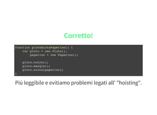 Più leggibile e evitiamo problemi legati all' "hoisting".
Corretto!
function plutoAiutaPaperino() {
var pluto = new Pluto(),
paperino = new Paperino();
pluto.corre();
pluto.mangia();
pluto.aiuta(paperino);
}
 