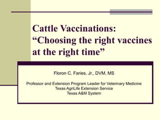 Cattle Vaccinations:
“Choosing the right vaccines
at the right time”
Floron C. Faries, Jr., DVM, MS
Professor and Extension Program Leader for Veterinary Medicine
Texas AgriLife Extension Service
Texas A&M System
 