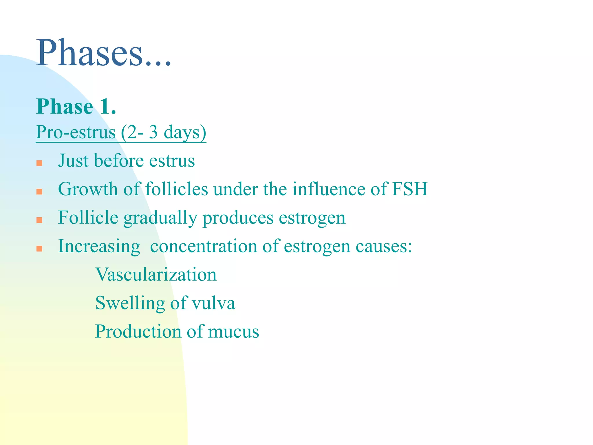 Phases...
Phase 1.
Pro-estrus (2- 3 days)
 Just before estrus
 Growth of follicles under the influence of FSH
 Follicle gradually produces estrogen
 Increasing concentration of estrogen causes:
Vascularization
Swelling of vulva
Production of mucus
 