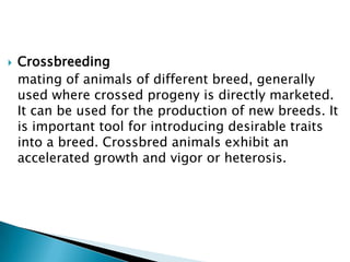 

Crossbreeding
mating of animals of different breed, generally
used where crossed progeny is directly marketed.
It can be used for the production of new breeds. It
is important tool for introducing desirable traits
into a breed. Crossbred animals exhibit an
accelerated growth and vigor or heterosis.

 
