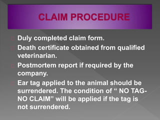 Duly completed claim form.
Death certificate obtained from qualified
veterinarian.
Postmortem report if required by the
company.
Ear tag applied to the animal should be
surrendered. The condition of “ NO TAG-
NO CLAIM” will be applied if the tag is
not surrendered.
 