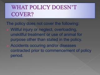 The policy does not cover the following:
 Willful injury or neglect, overloading,
unskillful treatment or use of animal for
purpose other than stated in the policy.
 Accidents occuring and/or diseases
contracted prior to commencement of policy
period.
 