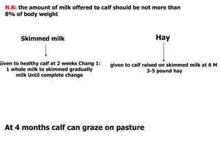 N.B: the amount of milk offered to calf should be not more than
8% of body weight
Skimmed milk
Given to healthy calf at 2 weeks Chang 1:
1 whole milk to skimmed gradually
milk Until complete change
Hay
given to calf raised on skimmed milk at 6 M
3-5 pound hay
At 4 months calf can graze on pasture
 