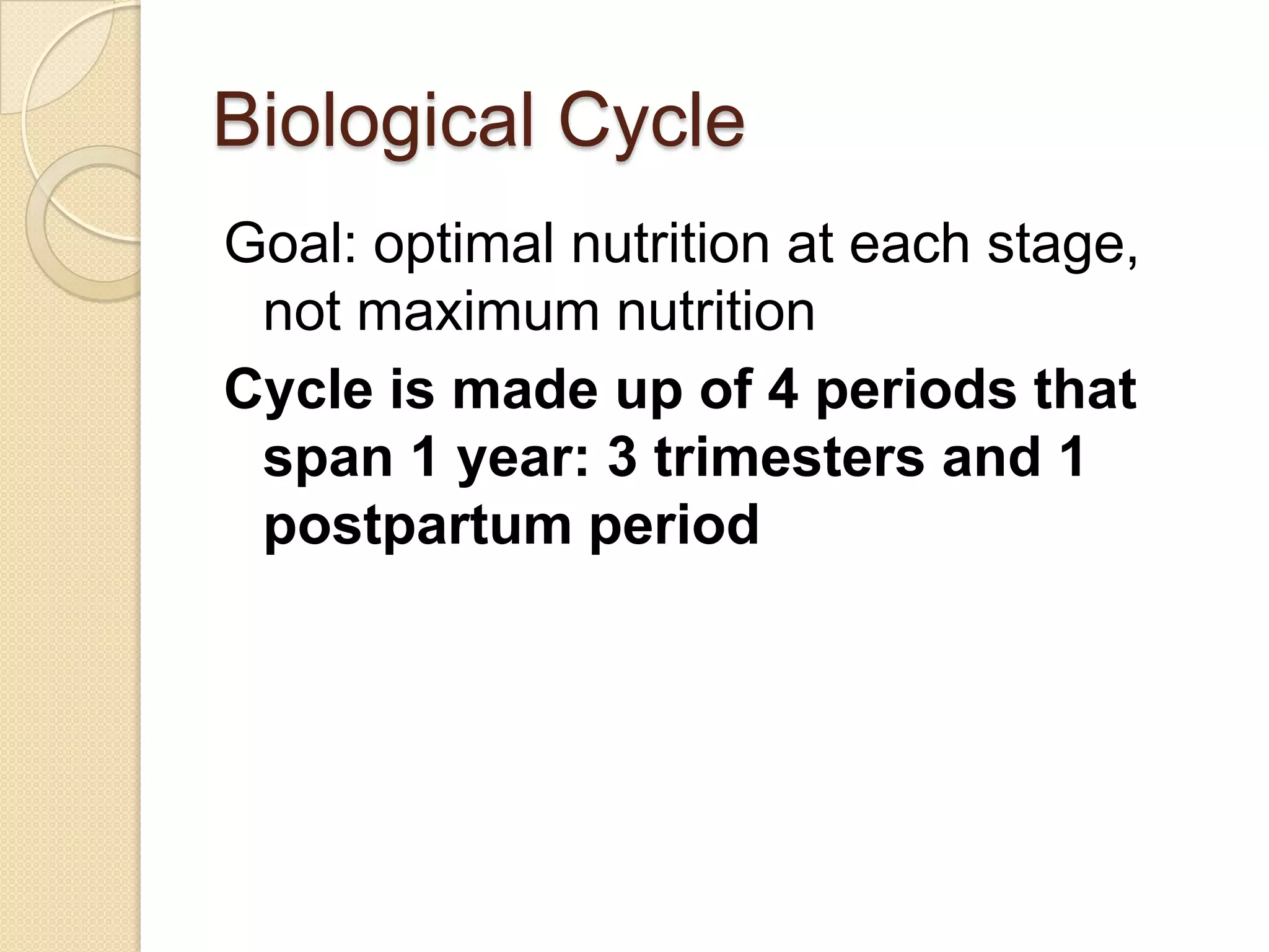 Biological CycleGoal: optimal nutrition at each stage, not maximum nutritionCycle is made up of 4 periods that span 1 year: 3 trimesters and 1 postpartum period