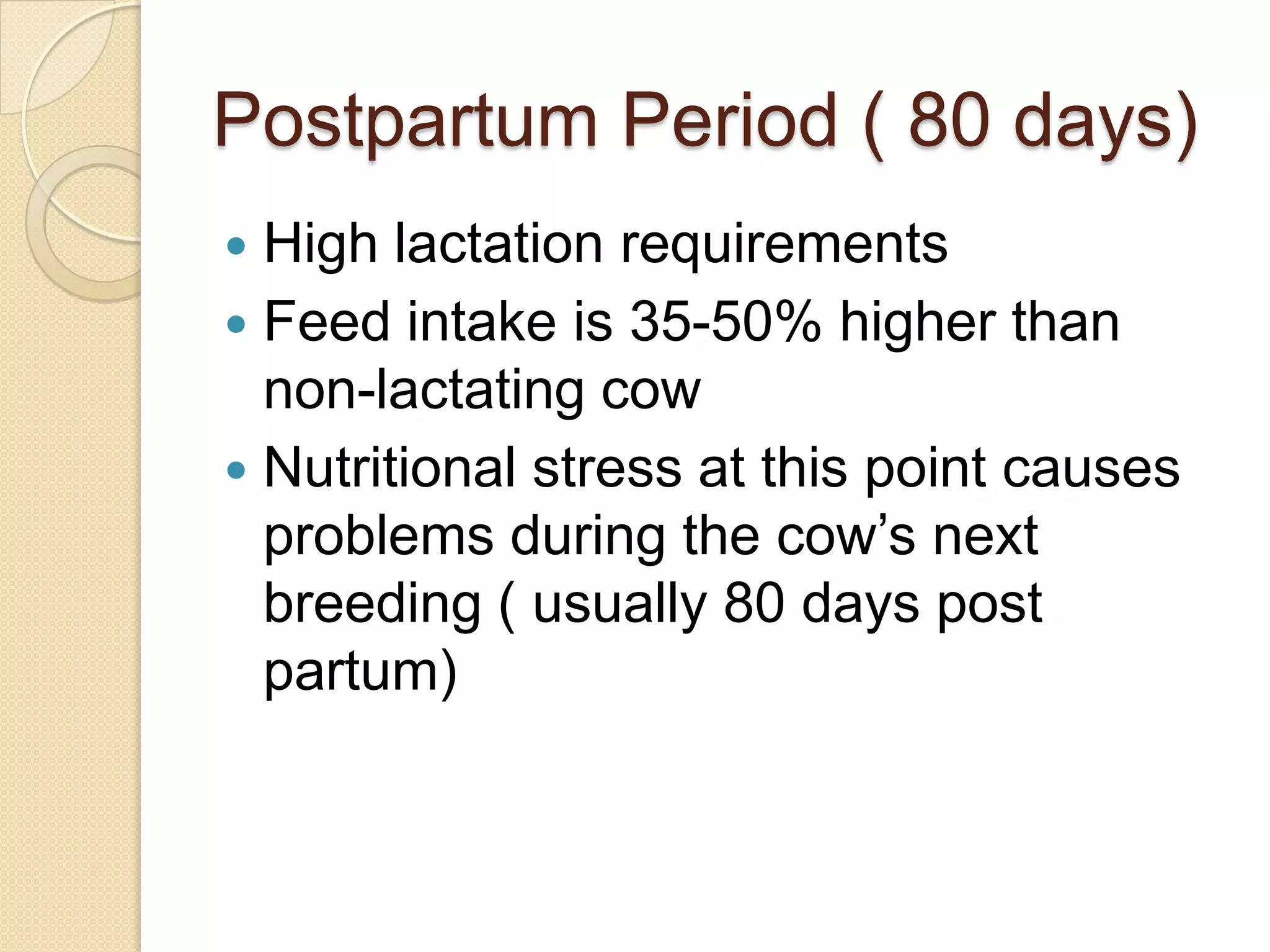 Postpartum Period ( 80 days)High lactation requirementsFeed intake is 35-50% higher than non-lactating cowNutritional stress at this point causes problems during the cow’s next breeding ( usually 80 days post partum)