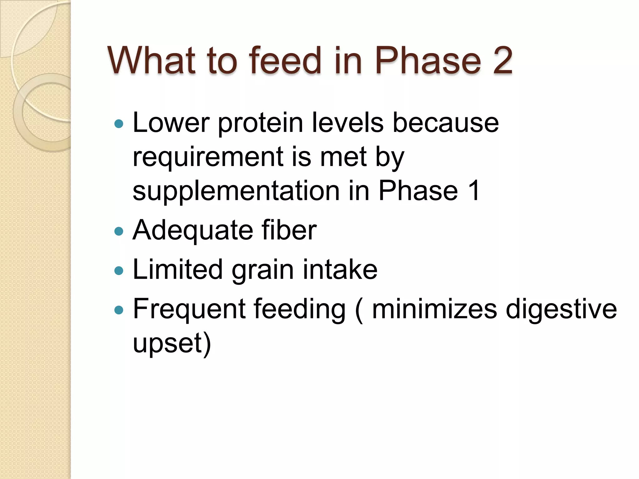 What to feed in Phase 2Lower protein levels because requirement is met by supplementation in Phase 1Adequate fiberLimited grain intakeFrequent feeding ( minimizes digestive upset)