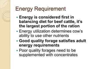 Energy RequirementEnergy is considered first in balancing diet for beef cattle, it’s the largest portion of the rationEnergy utilization determines cow’s ability to use other nutrientsGood quality forage satisfies adult energy requirementsPoor quality forages need to be supplemented with concentrates