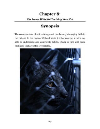 - 19 -
Chapter 8:
The Issues With Not Training Your Cat
Synopsis
The consequences of not training a cat can be very damaging both to
the cat and to the owner. Without some level of control, a cat is not
able to understand and control its habits, which in turn will cause
problems that are often irreparable.
 