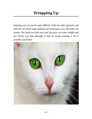 - 21 -
Wrapping Up
Training your cat can be quite difficult. With the right approach and
with the use of the right methods and techniques, you will surely see
results. The book you have just read has gave you some insight and
has shown you that although it may be tough, training a cat is
possible. Good luck!
 