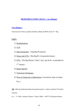 11
DESHYDRATATION AIGUE ( cas clinique)
Cas clinique :
Nourrisson de 10mois, présente diarrhée, tableau de DHA sévère. P = 6kg
CAT :
1) Hospitalisation.
2) VVP
3) Macromolécules : 15mg/Kg/20 minutes
4) Sérum salé 0.9% : 30cc/Kg/H ( à la première heure).
5) G5% : 70cc/Kg/5heures.+NaCl 3g/L, pas de K+ en attendant la
1ère
diurèse .
6) Repos digestif.
7) Traitement étiologique.
8) Prise en charge des complications ( convulsion, hypo ou hyper
Na+).
NB : débit de perfusion(nombre de gouttes/minute)= volume à perfuser/3*nombre
d’heures.
Ex. = V=180cc, nombre d’heures= 1heure. Débit = 180/3*1=60 gouttes/minute
 