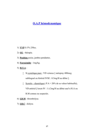 17
O.A.P hémodynamique
1) VVP G 5% 250cc.
2) O2 – thérapie.
3) Position assise, jambes pendantes.
4) Furosémide : 1mg/kg.
5) H.T.A :
 Si systolique pure : VD veineux [ natispray 400mcg
sublingual ou lénitral IVSE : 0.5mg/H au début ].
 Systolo – diastolique ( P.A > 20% de sa valeur habituelle),
VD artériel [ loxen IV : 1 à 2mg/H au début sauf si R.A ou
R.M connus ou suspectés.
6) I.D.M : thrombolyse.
7) I.R.C : dialyse.
 
