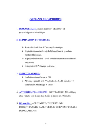 19
ORGANO PHOSPHORES
1. DIAGNOSTIC (+) : signes digestifs+ sd central+ sd
muscarinique+ sd nicotinique.
2. ELIMINATION DU TOXIQUE :
 Soustraire la victime à l’atmosphère toxique.
 Si pénétration cutanée : déshabiller et laver à grand eau
pendant 15minutes.
 Si projection oculaire : laver abondamment et suffisamment
longtemps.
 Si ingestion O P : lavage gastrique.
3. SYMPTOMATIQUE :
 Intubation et ventilation si DR.
 Atropine : 2mg [1 à 4] IVD, toutes les 5 à 10 minutes ==>
tachycardie, peau rouge et sèche.
4. ANTIDOTE : PRALIDOXIME ; CONTRATHION 200 à 400mg
chez l’adulte sont dilués dans S.Salé et passés en 30minutes.
5. Déconseillés : ADRENALINE / THEOPHYLINE/
PHENOTHIAZINES/ BARBITURIQUE/ MORPHINE/ CURARE
DEPOLARISANTS.
 