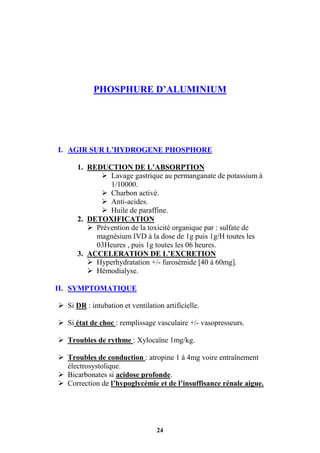 24
PHOSPHURE D’ALUMINIUM
I. AGIR SUR L’HYDROGENE PHOSPHORE
1. REDUCTION DE L’ABSORPTION
 Lavage gastrique au permanganate de potassium à
1/10000.
 Charbon activé.
 Anti-acides.
 Huile de paraffine.
2. DETOXIFICATION
 Prévention de la toxicité organique par : sulfate de
magnésium IVD à la dose de 1g puis 1g/H toutes les
03Heures , puis 1g toutes les 06 heures.
3. ACCELERATION DE L’EXCRETION
 Hyperhydratation +/- furosémide [40 à 60mg].
 Hémodialyse.
II. SYMPTOMATIQUE
 Si DR : intubation et ventilation artificielle.
 Si état de choc : remplissage vasculaire +/- vasopresseurs.
 Troubles de rythme : Xylocaïne 1mg/kg.
 Troubles de conduction : atropine 1 à 4mg voire entraînement
électrosystolique.
 Bicarbonates si acidose profonde.
 Correction de l’hypoglycémie et de l’insuffisance rénale aigue.
 