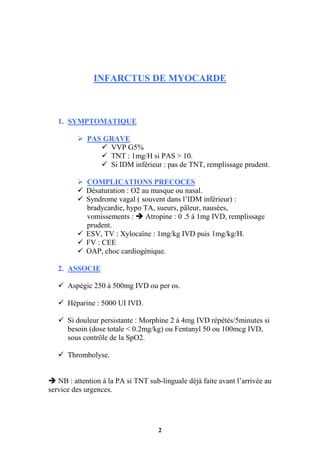 2
INFARCTUS DE MYOCARDE
1. SYMPTOMATIQUE
 PAS GRAVE
 VVP G5%
 TNT : 1mg/H si PAS > 10.
 Si IDM inférieur : pas de TNT, remplissage prudent.
 COMPLICATIONS PRECOCES
 Désaturation : O2 au masque ou nasal.
 Syndrome vagal ( souvent dans l’IDM inférieur) :
bradycardie, hypo TA, sueurs, pâleur, nausées,
vomissements :  Atropine : 0 .5 à 1mg IVD, remplissage
prudent.
 ESV, TV : Xylocaïne : 1mg/kg IVD puis 1mg/kg/H.
 FV : CEE
 OAP, choc cardiogénique.
2. ASSOCIE
 Aspégic 250 à 500mg IVD ou per os.
 Héparine : 5000 UI IVD.
 Si douleur persistante : Morphine 2 à 4mg IVD répétés/5minutes si
besoin (dose totale < 0.2mg/kg) ou Fentanyl 50 ou 100mcg IVD,
sous contrôle de la SpO2.
 Thrombolyse.
 NB : attention à la PA si TNT sub-linguale déjà faite avant l’arrivée au
service des urgences.
 
