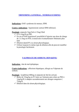 38
TRINITRINE ( LENITRAL , NITROGLYCERINE)
Indications :OAP, syndrome de menace, IDM.
Contre- indications : hypotension( surtout IDM inférieur).
Posologie :ampoule 3mg/2ml et 15mg/10ml
 0.5 à 3mg/H au PSE.
 En cas d’OAP hypertensif, possibilité d’injecter une dose de charge
de 1 à 3mg en IVD, à renouveler éventuellement 10minutes plus
tard.
 Dilution dansG5% ou sérum physiologique.
 Utiliser toujours le même type de dilution afin de pouvoir modifier
la posologie facilement.
VALPROATE DE SODIUM ( DEPAKINE)
Indication : état de mal épileptique.
Contre-indications : affections hépatiques, allergie au Valproate de
sodium.
Posologie : lyophilisat 400mg et ampoule de 4ml de solvant.
 Bolus de 15mg/kg en IV lente sur 3minutes puis relais au PSE à
1mg/kg/H, à adapter secondairement aux dosages sanguines (
75mg/l).
 Dilution dans du sérum physiologique.
 