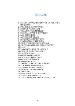 48
SOMMAIRE/
1. LES DIX COMMANDEMENTS DE LA MEDECINE
D’URGENCE
2. INFARCTUS DE MYOCARDE
3. EMBOLIE PULMONAIRE
4. COMA NON TRAUMATIQUE
5. ENCEPHALOPATHIE HEPATIQUE
6. AVC ISCHEMIQUE
7. ASTHME AIGU GRAVE
8. ACIDOCETOSE DIABETIQUE
9. ETAT DE MAL EPILEPTIQUE
10.CRISE D’ASTHME CHEZ L’ENFANT
11.CONVULSION FEBRILE CHEZ L’ENFANT
12.R.A.A
13.LARYNGITE AIGUE DE L’ENFANT
14.CRISE DE GLAUCOME AIGUE
15.FAUSSE COUCHE
16.OAP HEMODYNAMIQUE
17.CHOC ANAPHYLACTIQUE
18.ORGANO-PHOPHORES
19.BARBITURIQUES
20.ANTI-DEPRESSEURS TRICYCLIQUES
21.SYNDROME NEPHROTIQUE
22.PARAPHENYLENE DIAMINE
23.PHOSPHURE D’ALUMINIUM
24.ANTIDOTES
25.MEDICAMENTS DE L’URGENCE.
26.SEMIOLOGIE MEDICALE
27. CONSTANTES BIOCHIMIQUES USUELLES
 