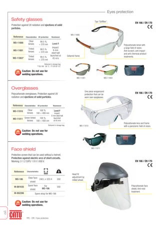 18
PPE - CPE / Eyes protection
Eyes protection
Safety glasses
Protection against UV radiation and ejections of solid
particles.
Overglasses
Polycarbonate overglasses. Protection against UV
radiation and ejections of solid particles.
EN 166 / EN 170
MO-11000
MO-11003MO-11001
Tips “Softflex”.
Grilamid frame
Polycarbonate lense with
a large field of vision.
Anti-scratch, anti-impact
and anti-chemical product
treatments.
Caution: Do not use for
welding operations.
Reference Characteristics UV protection Resistance
MO-11000
MO-11001
MO-11003*
Clear
lenses
Tinted
lenses
Tinted
lenses
99.5 %
< 370 nm
99.5 %
< 370 nm
99.5 %
< 370 nm
Level F
Impact:
6 mm
steel ball
launched at
45 m/s
Delivered in storage bag.
* EN 169 - 80 °C - FT HTA N°127.
Characteristics
Reference Characteristics UV protection Resistance
MO-11010
MO-11011
Clear
lenses
Green tinted
lenses
100 %
180 < 400 nm
100 %
180 < 400 nm
Level F
Impact:
6 mm steel ball
launched
at 45 m/s
Delivered in storage bag.
Caution: Do not use for
welding operations.
MO-11011
MO-11010
EN 166 / EN 170
Polycarbonate lens and frame
with a panoramic field of vision.
One piece wraparound
protection that can be
worn over eyeglasses.
Face shield
Protective screen that can be used without a helmet.
Protection against electric arcs of short-circuits.
Marking: 2-1.2 CATU 1 B 8 1000 V.
Caution: Do not use for
welding operations.
EN 166 / EN 170
Reference
MO-186
M-881635
M-952206 Spare strap for MO-186
Clear face
shield
Spare face
shield
240 L x 325 H
For
MO-186
350
350
Head fit
adjustment by
milled wheel.
Polycarbonate face
shield. Anti-mist
treatment.
g
mm
 
