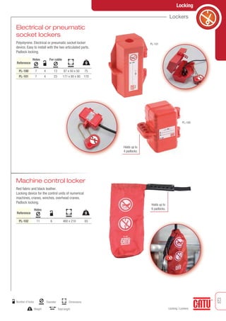 63
Locking / Lockers
Locking
Lockers
Electrical or pneumatic
socket lockers
Polystyrene. Electrical or pneumatic socket locker
device. Easy to install with the two articulated parts.
Padlock locking.
Reference
PL-100
PL-101
Holes For cable
7
7
4
4
87 x 50 x 50
171 x 80 x 80
mm
13
23
75
170
mm
Machine control locker
Red fabric and black leather.
Locking device for the control units of numerical
machines, cranes, winches, overhead cranes.
Padlock locking.
Reference
PL-102
Holes
11 6 460 x 210 65
mm
PL-101
PL-100
Holds up to
4 padlocks.
Holds up to
6 padlocks.
mm
g
mm
g
g Weight
mm
DiameterNumber of locks
mm
Dimensions
mm Total lenght
 