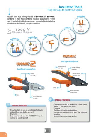 74
Insulated Tools
Find the tools to meet your needs!
Insulated tools must comply with the NF EN 60900 and IEC 60900.
standards.To meet these standards, insulated tools undergo 10,000
volts through electrical testing and many mechanical tests, including
impact tests, tearing tests, and puncture tests.
Dual Layer Insulating Tools
Dual Material Insulating Tools
SPECIAL FEATURES+
Label.
Label.
Uniform guard with
insulating layer.
Material
SOFTGRIP®
White insulating
inner layer. Orange insulating
outer layer.
• Products suitable for work on live cables, particularly low
voltage (30 cm area of a live bare wire).
• Ergonomic.
• Dual material with non-skid "SOFTGRIP"® injected
material for operator comfort.
• Extensive product line for work on live cables; mainly
used by LV Live Line Working teams.
• Ergonomic.
• Dual-layer with a white insulating layer.
• High mechanical strength in the layers due to dipping
technique.
• Steel with high mechanical properties.
20 N
5000 V
50 daN
1000 V
Dielectric Tests
Dielectric Tests
Fire-Resistance Test
Impact Test
Tearing Tests
SPECIAL FEATURES+
High performing
burnished steel.
Chrome steel body,
mat finish.
 