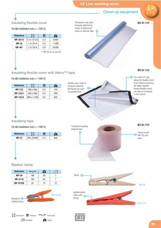 LV Live working tools
9595
Insulating flexible cover
Reference
MP-35/12
MP-35
MP-40*
1.3 x 12.5 m
1.3 x 25 m
1.3 x 20 m
0.3
0.3
0.8
6000
11800
24800
For LV installation only (< 1000 V).
Insulating flexible cover with Velcro™ tape
Reference
MP-123
MP-123/1
MP-123/2
360 x 660
500 x 900
800 x 1200
0.5
0.5
0.5
150
290
600
For LV installation only (< 1000 V).
Insulating tape
Reference
MP-37 90 x 25000 0.3 800
For LV installation only (< 1000 V).
Translucent vinyl cover,
thickness attached by
means of attachment
clamp or adhesive tape.
* MP-40 for LV and HV.
Flexible cover made of
translucid polyvinyl.
Reinforced by a grid
of synthetic fibre.
The «VelcroTM» type
allows the flexible covers
to be closed by pressing
the edges together.
Several flexible covers
can also be connected
in this manner.
Translucid insulating
polyvinyl tape.
Clamp mount
MP-39, duct
tape.
MP-4110
MP-41530
MP-39
Wood.
mm
Dimensions
g Weight
mm Total lengthémm Thickness
gmm émm
gmm émm
gmm émm
Bimaterial
isolated clamp.
Blanket clamp
Reference
MP-39
MP-4110
MP-41530
160
165
67
50
60
10
1
1
12
gmm
Packaging
Isolated plastic
clamp with
spring.
Cover-up equipment
IEC 61-112
IEC 61-112
IEC 61-112
 