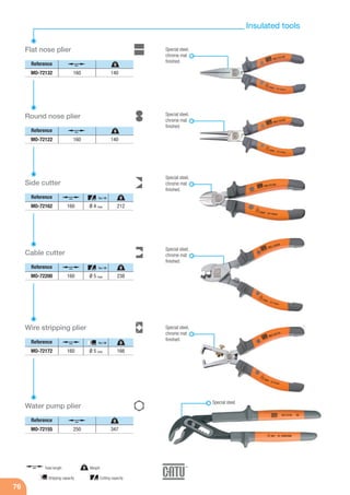 76
Reference
Flat nose plier
MO-72132 160 140
Reference
Round nose plier
MO-72122 160 140
Side cutter
Reference
MO-72162 Ø 4 max160 212
Cu / Al
Cable cutter
Reference
MO-72200 Ø 5 max160 238
Cu / Al
Wire stripping plier
Reference
MO-72172 Ø 5 max160 166
Cu / Al
Special steel,
chrome mat
finished.
Special steel,
chrome mat
finished.
Special steel,
chrome mat
finished.
Special steel,
chrome mat
finished.
Special steel,
chrome mat
finished.
Reference
Water pump plier
MO-72155 250 347
Special steel.
g Weightmm Total length
mm Cutting capacitymm Stripping capacity
mm
g
mm
g
mm
gmm
mmmm
g
mm
g
mm
gmm
Insulated tools
 