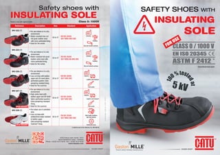 Safety shoes with
INSULATING SOLE
SICAME GROUP
10/20 Avenue Jean-Jaurès - B.P.2
92222 BAGNEUX Cedex - FRANCE
Phone: + 33 (0)1 42 31 46 46 - Fax: + 33 (0)1 42 31 46 32
www.catuelec.com
©eugenesergeev-Fotolia.com-ComST-05/2014
Reference Description Size Standard Application
MV-222-(*) • For use indoors or in a dry
environment.
• Water resistant low-cut
full-grain leather shoe
with micro-perforated lining.
• Ideal for the winter
39 to 47
EN ISO 20345
SB P WRU HRO SRC
MV-223-(*)
• For use indoors or in a dry
environment.
• Water resistant full-grain
leather ankle boot with
micro-perforated lining.
• Ideal for the winter.
39 to 47
EN ISO 20345
SB P WRU AN HRO SRC
MV-226-(*) • For use indoors or in a dry
environment.
• Low-cut shoe with leather
upper and 3D mesh fabric
perforated quarters.Extra
perspiring-resistant lining.
• Ideal for the summer.
39 to 47
EN ISO 20345
SB P HRO SRC
MV-227-(*)
• For use indoors or in a dry
environment.
• High-ankle boot with
leather upper and 3D mesh
fabric perforated quarters.
Extra perspiring-resistant
lining.
• Ideal for the summer.
39 to 47
EN ISO 20345
SB P HRO SRC
MV-228-(*) • For indoor use in controlled
area.
• Low-cut shoe with
antibacterial water resistant
to leather upper.
Extra perspiring-resistant
Coolmax® lining.
39 to 47
EN ISO 20345
SB P WRU HRO SRC
Industry
Building
Oily and smooth surfaces
Industry
Building
Oily and smooth surfaces
Industry
Logistic and transport
Craft sector
Industry
Logistic and transport
Craft sector
Strict health conditions
Agri-food industry
Restricted areasUPON REQUEST
UPON REQUEST
Class 0: 1000V
(*) Add the size to the reference. Ex.: MV-226-43.
Packed in a box with regulatory leaflet.
Safety shoes with
INSULATING SOLE
F r e n c h s a f e t y f o o t w e a r m a n u f a c t u r e r
plaquette chaussures isolantesGB 12/06/2014 11:52 Page1
Tel: +44 (0)191 490 1547
Fax: +44 (0)191 477 5371
Email: northernsales@thorneandderrick.co.uk
Website: www.cablejoints.co.uk
www.thorneanderrick.co.uk
 