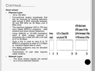 CONTINUE..............
Down stream
 Physical Layer:
50 to 750 MHz
Conventional analog broadcasts that
can be received by existing television
sets occupy 6 MHz channels between
50 and 550 MHz (ie 38 Mbps over 6
MHz chnl)
The spectrum between 550 to 750 may
carry digital MPEG-2 programs , data
streams and down stream telephony
Using QAM-64 or 16-VSB modulators
each 6 MHz analog channel is
converted into a data link with a bit rate
of 27 to 38 Mbps
Such a link is used to carry 6 to 10
MPEG-2 programs at rates of 3.5 Mbps
or transport digital data to users
The Mpeg programs may be decoded
by set to boxes
Transmission of user data requires
cable modems
 Network Layer:
_ The down stream signals are carried
by a circuit switched network.
 