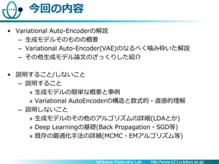 Ishikawa Watanabe Lab http://www.k2.t.u-tokyo.ac.jp/
今回の内容
• Variational Auto-Encoderの解説
– 生成モデルそのものの概要
– Variational Auto...
