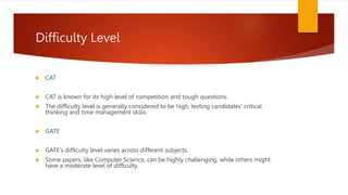 Difficulty Level
 CAT
 CAT is known for its high level of competition and tough questions.
 The difficulty level is generally considered to be high, testing candidates' critical
thinking and time management skills.
 GATE
 GATE's difficulty level varies across different subjects.
 Some papers, like Computer Science, can be highly challenging, while others might
have a moderate level of difficulty.
 