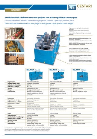 HELIMAX
A tradicional linha Helimax tem novos projetos com maior capacidade e menor peso
La tradicional línea Helimax tiene nuevos proyectos con más capacidad y menos peso
The traditional line Helimax has new projects with greater capacity and lower weight
Engrenagens em aço liga de alta resistência e
retificadas.
Engranajes en acero aleado de alta resistencia y
rectificados
Gears made by alloy steel with high resistance and
grounded

Mancais de rolamentos autocompensadores (e de
rolo cônicos - monobloco)
Cojinetes de rodamientos de rodillos a rótula (y rodillos
cónicos - monobloque)
Bearing housings with spherical roller bearings (and
tapered roller bearings - monoblock

Eixos de saída em aço liga de alta qualidade
Ejes de salida hechos en acero aleado de alta calidad
Output shaft made by high quality alloy steel

Carcaça bipartida ou monobloco em ferro fundido
nodular ou chapa de aço
Carcasa bipartida o monobloque en fundición de hierro
nodular o placa de acero
Housing with a center-shaft bipartite or monoblock
housing , made by nodular cast iron or steel welded
casing

HELIMAX - Bipartido

HELIMAX - Monobloco

HELIMAX - 1 Estágio

Engrenagens
Disposição dos eixos
Reduções 2 e 3 estágios
Reduções 4 estágios
Torque
Fixação
Eixo de saída

Helicoidais retificadas
Paralelos / ortogonais
6,3 a 80
90 a 355
5.800 a 600.000 Nm
Carcaça, braço de torção
Maciço, duplo, vazado com
chaveta, vazado com disco de
contração

Helicoidais retificadas
Paralelos
9,0 a 80
2.000 a 4.500 Nm
Carcaça, braço de torção
Maciço, duplo, vazado com
chaveta, vazado com disco de
contração

Helicoidais retificadas
Paralelos
1,12 a 5,6
6.830 a 95.000 Nm
Carcaça
Maciço, simples ou duplo

Engranajes
Disposición de los ejes
Reducciones 2 y 3 etapas
Reducciones 4 etapas
Torque
Fijación
Eje de salida

Helicoidales rectificados
Paralelos / ortogonales
6,3 hasta 80
90 hasta 355
5.800 hasta 600.000 Nm
Carcasa, brazo de torsión
Macizo, doble, hueco con llaveta,
hueco con disco de contracción

Helicoidales rectificados
Paralelos
9,0 hasta 80
2.000 hasta 4.500 Nm
Carcasa, brazo de torsión
Macizo, doble, hueco con llaveta,
hueco con disco de contracción

Helicoidales rectificados
Paralelos
1,2 hasta 5,6
6.830 hasta 95.000 Nm
Carcasa
Macizo, simple o doble

Gears
Shaft positions
Nominal ratio 2 and 3 stages
Nominal ratio 4 stages
Nominal torque
Mounted
Output shaft

Ground helical
Parallel / orthogonal
6,3 to 80
90 to 355
5,800 to 600,000 Nm
Housing, torque arm
Solid, double, hollow with
keyway, hollow with shrink disk

Ground helical
Parallel
9,0 to 80
2,000 to 4,500 Nm
Housing, torque arm
Solid, double, hollow with
keyway, hollow with shrink disk

Ground helical
Parallel
1,12 to 5,6
6,830 to 95,000 Nm
Housing
Solid, single or double

Acesse o site www.wegcestari.com para maiores informações e downloads de catálogos completos.
Por favor visite www.wegcestari.com para más información y downloads de los catálogos completos.
Please visit www.wegcestari.com for more information and downloads of complete catalogues.

 