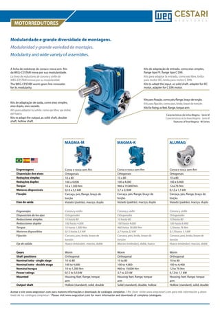 MOTORREDUTORES
Modularidade e grande diversidade de montagens.
Modularidad y grande variedad de montajes.
Modularity and wide variety of assemblies.
Kits de adaptação de entrada, como eixo simples,
flange tipo FF, flange tipo C DIN.
Kits para adaptar la entrada, como eje libre, brida
para motor IEC, brida para motor C DIN.
Kits to adapt the input, as solid shaft, adapter for IEC
motor, adapter for C DIN motor.

A linha de redutores de coroa e rosca sem- fim
da WEG-CESTARI inova por sua modularidade.
La línea de reductores de corona y sinfin de
WEG-CESTARI innova por su modularidad.
The WEG-CESTARI worm gears line innovates
for its modularity.

Kits para fixação, como pés, flange, braço de torção.
Kits para fijación, como pies, brida, brazo de torsión.
Kits for fixing, as feet, flange, torque arm.

Kits de adaptação de saída, como eixo simples,
eixo duplo, eixo vazado.
Kits para adaptar la salida, como eje libre, eje doble,
eje hueco.
Kits to adapt the output, as solid shaft, double
shaft, hollow shaft.

Características da linha Magma - Série M
Características de la línea Magma - Serie M
Features of line Magma - M Series

MAGMA-M

Engrenagens
Disposição dos eixos
Reduções simples
Reduções duplex
Torque
Motores disponíveis
Fixação
Eixo de saída
Engranajes
Disposición de los ejes
Reducciones simples
Reducciones duplex
Torque
Motores disponibles
Fijación
Eje de salida
Gears
Shaft positions
Nominal ratio - single stage
Nominal ratio - double stage
Nominal torque
Power ratings
Mounted
Output shaft

MAGMA-K

ALUMAG

Coroa e rosca sem-fim
Ortogonais
10 a 80
100 a 4.000
10 a 1.300 Nm
0,12 a 5,5 kW
Carcaça, pés, flange, braço de
torção
Vazado (padrão), maciço, duplo

Coroa e rosca sem-fim
Ortogonais
10 a 80
100 a 4.000
960 a 19.000 Nm
3,7 a 22 kW
Carcaça, pés, flange, braço de
torção
Vazado (padrão), maciço, duplo

Coroa e rosca sem-fim
Ortogonais
10 a 80
100 a 6.400
12 a 76 Nm
0,12 a 1,1 kW
Carcaça, pés, flange, braço de
torção
Vazado (padrão), maciço, duplo

Corona y sinfin
Ortogonales
10 hasta 80
100 hasta 4.000
10 hasta 1.300 Nm
0,12 hasta 5,5 kW
Carcasa, pies, brida, brazo de
torsión
Hueco (estándar), macizo, doble

Corona y sinfin
Ortogonales
10 hasta 80
100 hasta 4.000
960 hasta 19.000 Nm
3,7 hasta 22 kW
Carcasa, pies, brida, brazo de
torsión
Macizo (estándar), doble, hueco

Corona y sinfin
Ortogonales
10 hasta 80
100 hasta 6.400
12 hasta 76 Nm
0,12 hasta 1,1 kW
Carcasa, pies, brida, brazo de
torsión
Hueco (estándar), macizo, doble

Worm
Orthogonal
10 to 80
100 to 4,000
10 to 1,300 Nm
0,12 to 5,5 kW
Housing, feet, flange, torque
arm
Hollow (standard), solid, double

Worm
Orthogonal
10 to 80
100 to 4,000
960 to 19,000 Nm
3,7 to 22 kW
Housing, feet, flange, torque
arm
Solid (standard), double, hollow

Worm
Orthogonal
10 to 80
100 to 6,400
12 to 76 Nm
0,12 to 1,1 kW
Housing, feet, flange, torque
arm
Hollow (standard), solid, double

Acesse o site www.wegcestari.com para maiores informações e downloads de catálogos completos / Por favor visite www.wegcestari.com para más información y downloads de los catálogos completos / Please visit www.wegcestari.com for more information and downloads of complete catalogues.

 