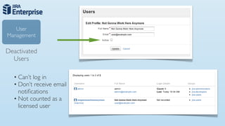 User
Management

Deactivated
  Users

  • Can’t log in
  • Don’t receive email
    notiﬁcations
  • Not counted as a
    licensed user
 