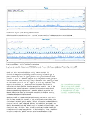 Steve Jobs, more than anyone else in history, both humanized and
commercialized personal computing while maintaining the advantages of
global connectivity. The "i" in Apple's products clearly indicates this is not a
purchase so much as a lifestyle. To Apple, you're not just a customer; you're an
individual with his or her own unique needs. The device works the way you want.
Yet simultaneously, you’re part of a bigger "i", as in society, whether it is an
organization, a country, or a generation. Jobs connected the universe of
individual uniqueness with the universe of collective power in a way no one
before him had been successful in commercializing. Instead of a platform
powered by technology, Jobs created a platform powered by people. Jobs
deﬁned the post-PC world by creating the ecosystem of universal mobility
juxtaposed with personal enablement.
Whether you are an iPhone user or a Droid user, the platform of applications
built on these devices has changed society, by not only untethering you from
the personal computer but by creating a mobile lifestyle. No more keyboards or
mice – it is all touch and voice now. No more suitcases ﬁlled with papers and
laptops with spreadsheets and presentations to carry with you everywhere – it's
just a phone and a repository of documents sitting in a cloud somewhere. No
more leaving a message or waiting back for a response from email – responses
are instantaneous with texting. No more lengthy memoranda or urgent
Apple
Graph shows 10 years worth of stock performance data.
Graph was generated by the author on 4/17/2012 at Google Finance http://www.google.com/ﬁnance?q=apple#
Graph shows 10 years worth of stock performance data.
Graph was generated by the author on 4/17/2012 at Google Finance http://www.google.com/ﬁnance?q=microsoft#
Microsoft
Jobs connected the universe of
individual uniqueness with the
universe of collective power in a way
no one before him had been
successful in commercializing.
6
 
