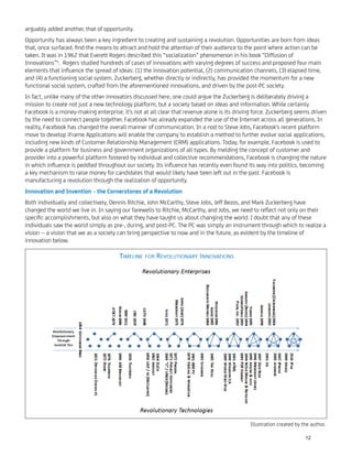 arguably added another, that of opportunity.
Opportunity has always been a key ingredient to creating and sustaining a revolution. Opportunities are born from ideas
that, once surfaced, ﬁnd the means to attract and hold the attention of their audience to the point where action can be
taken. It was in 1962 that Everett Rogers described this “socialization” phenomenon in his book “Diffusion of
Innovations”5
. Rogers studied hundreds of cases of innovations with varying degrees of success and proposed four main
elements that inﬂuence the spread of ideas: (1) the innovation potential, (2) communication channels, (3) elapsed time,
and (4) a functioning social system. Zuckerberg, whether directly or indirectly, has provided the momentum for a new
functional social system, crafted from the aforementioned innovations, and driven by the post-PC society.
In fact, unlike many of the other innovators discussed here, one could argue the Zuckerberg is deliberately driving a
mission to create not just a new technology platform, but a society based on ideas and information. While certainly
Facebook is a money-making enterprise, it's not at all clear that revenue alone is its driving force. Zuckerberg seems driven
by the need to connect people together. Facebook has already expanded the use of the Internet across all generations. In
reality, Facebook has changed the overall manner of communication. In a nod to Steve Jobs, Facebook's recent platform
move to develop iFrame Applications will enable the company to establish a method to further evolve social applications,
including new kinds of Customer Relationship Management (CRM) applications. Today, for example, Facebook is used to
provide a platform for business and government organizations of all types. By melding the concept of customer and
provider into a powerful platform fostered by individual and collective recommendations, Facebook is changing the nature
in which inﬂuence is peddled throughout our society. Its inﬂuence has recently even found its way into politics, becoming
a key mechanism to raise money for candidates that would likely have been left out in the past. Facebook is
manufacturing a revolution through the realization of opportunity.
Innovation and Invention – the Cornerstones of a Revolution
Both individually and collectively, Dennis Ritchie, John McCarthy, Steve Jobs, Jeff Bezos, and Mark Zuckerberg have
changed the world we live in. In saying our farewells to Ritchie, McCarthy, and Jobs, we need to reﬂect not only on their
speciﬁc accomplishments, but also on what they have taught us about changing the world. I doubt that any of these
individuals saw the world simply as pre-, during, and post-PC. The PC was simply an instrument through which to realize a
vision -- a vision that we as a society can bring perspective to now and in the future, as evident by the timeline of
innovation below.
Illustration created by the author.
12
 