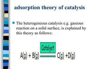 adsorption theory of catalysis
 The heterogeneous catalysis e.g. gaseous
reaction on a solid surface, is explained by
this theory as follows:
 